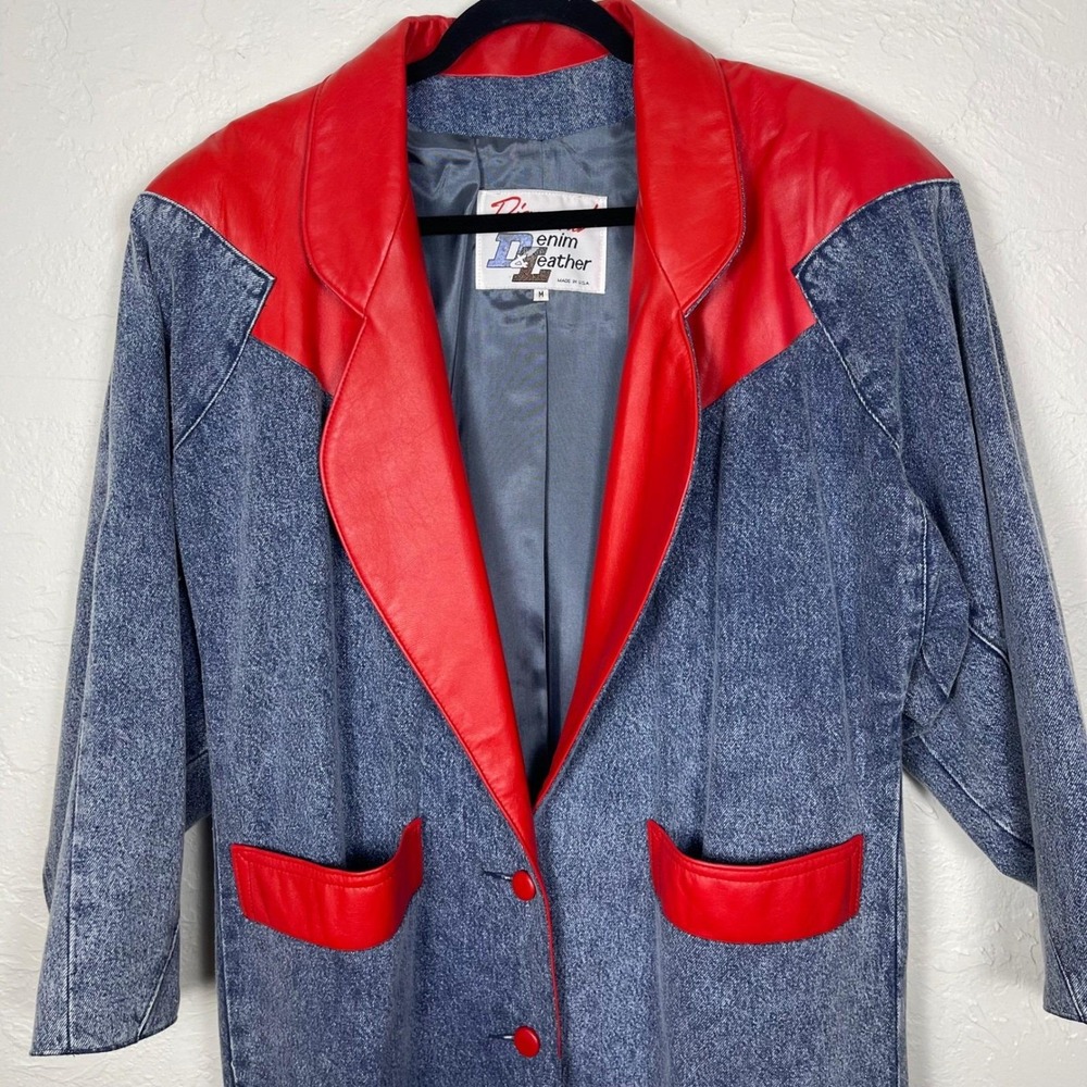 Diamond Denim‎ Leather Trench Western Jacket Red Trim Blue Jean Blazer Rare 80s